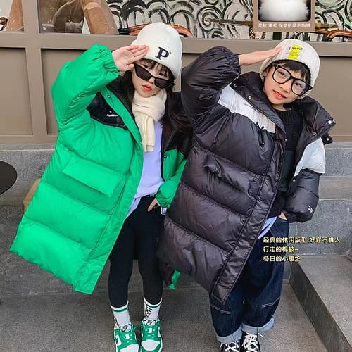 Children's long down jacket boys and girls Korean version of the thickened hat clash color parent-child down jacket large children's down coat